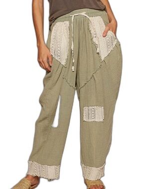 POL / Double Gauze Harem Pants / Boho Lace Jogger Pants S
